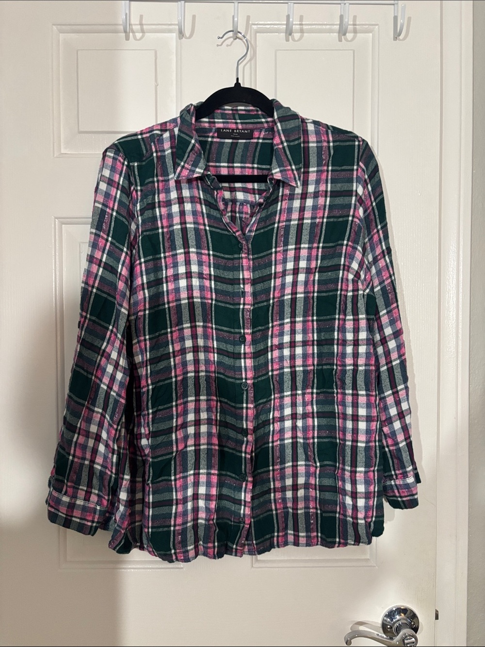 Lane Bryant Green, Pink and White Plaid Button-Down Shirt